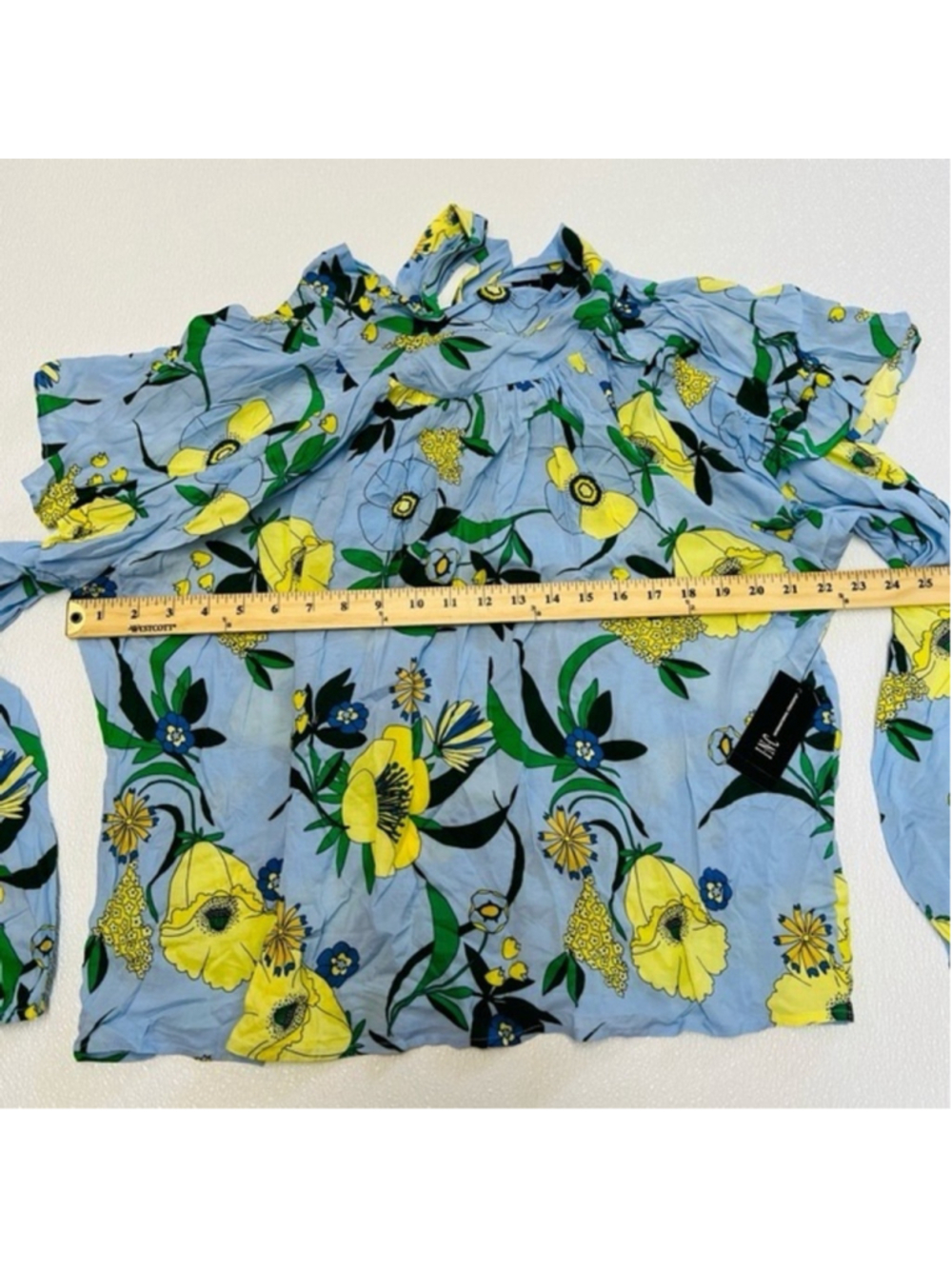 INC Light Blue Floral Long Sleeve Tie Neck Wear To Work Women Blouse Size XL - Picture 6 of 11